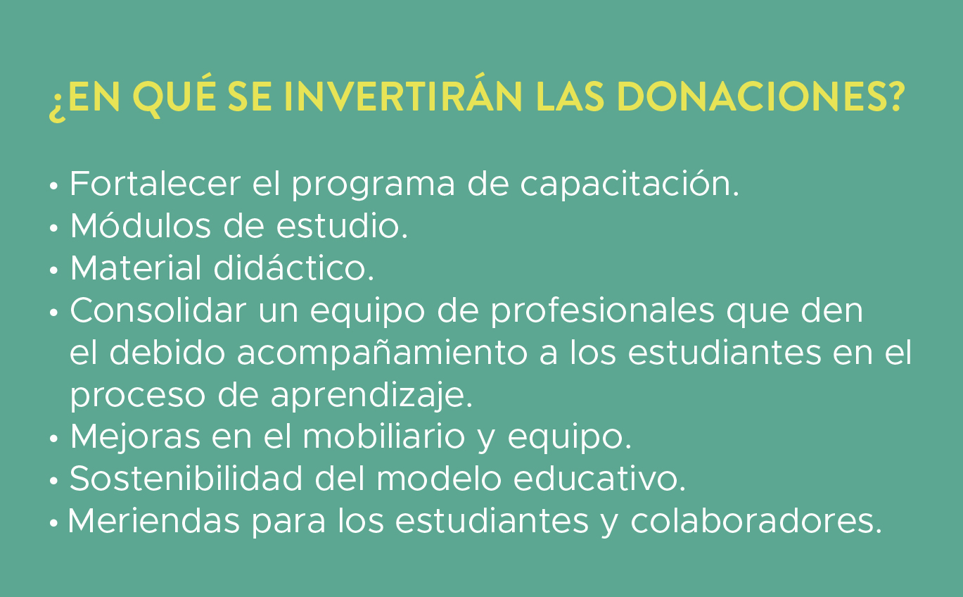 ¿En qué se invertirán las donaciones? Fortalecer el programa de capacitación, módulos de estudio, material didáctico, consolidar un equipo de profesionales, mejoras en el mobiliario y equipo, sostenibilidad del modelo educativo, meriendas para los estudiantes y colaboradores.